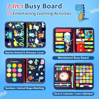 Qizfun Busy Board Montessori Toy for Toddlers, Educational Sensory Learning Toy for Fine Motor Skills, Preschool Travel Toy for Airplane & Car, Gifts for Boys and Girls (Blue/P4)