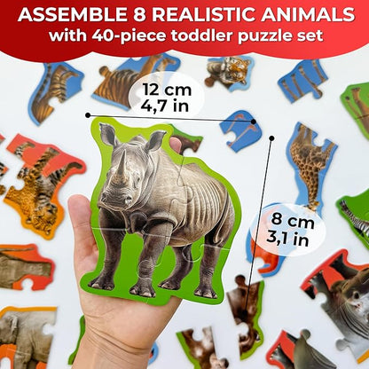 QUOKKA Toddler Puzzles Ages 2-4 - Large Floor Puzzles for Kids 3-5 - 8 Realistic Animal Shapes | Extra Thick Cardboard | Preschool Learning Game - 40 Big Piece Gift for Toddlers 1-3 Years Old