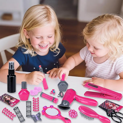 Beauty Hair Salon Playset, 22 Piece Hair Stylist Toy Kit with with Makeup Accessories & Hair Dryer, Pretend Play Set, Christmas & Birthday Gift for Girls