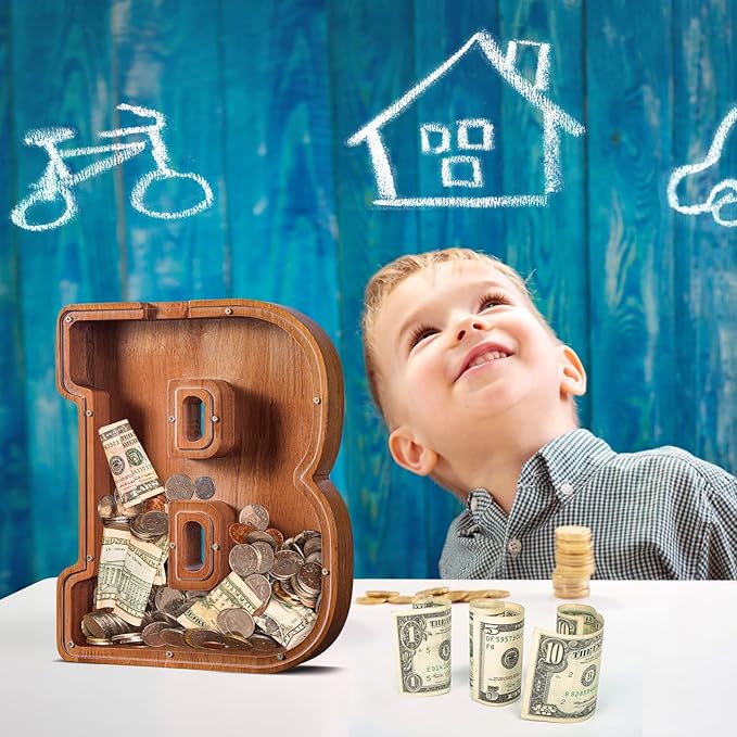 Summidate Customized Name Extra Large Wooden Piggy Bank for Kids Boys Girls Alphabets Letter A-Z Coins Bills Money Change Saving Box (Laser Engraved) Educational Toys 12"- Letter B