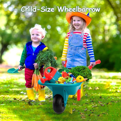 CUTE STONE Kids Gardening Tool Set, Garden Toys with Wheelbarrow, Watering Can, Shovel, Flower Garden Building Toy, Pretend Play Outdoor Indoor Activities Stem Toy Gifts for Boys Girls