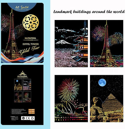 BulChign Scratch Painting Rainbow Paper Cards Kits for Adults,8 Sheets Rainbow City Ancient Capital Scratchboard(7.9 x 5.5 inch) with 6 Tools - Tourist Souvenirs (America/Global Architecture)