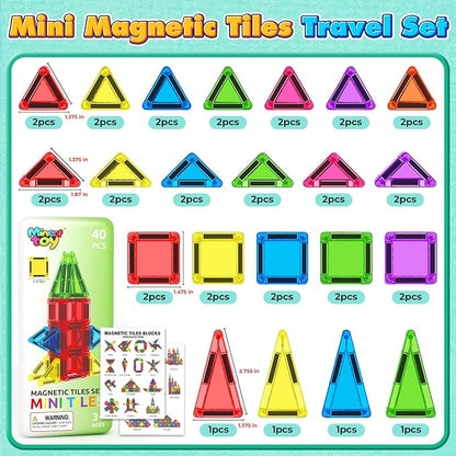 40PCS Mini Magnetic Tiles Toddler Travel Essentials Toys with Case Set, Magnetic Building Blocks Kids Games, Montessori Preschool Education Sensory Toys for 3 4 5 Year Old Boys Girls Birthday Gifts