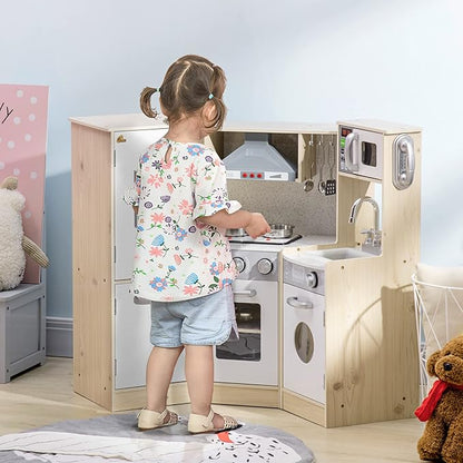 Qaba Ultra-Big Corner Kids Kitchen Playset with Sound Effects, Wooden Play Kitchen with Stainless Steel Cooking Toys, Imaginative Pretend Toy for Ages 3-6 with Phone, Ice Maker