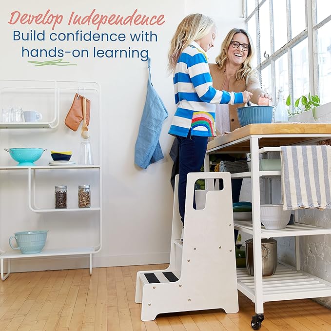 ECR4Kids Reach-Up Step Stool with Handles, Kids Furniture, White Wash