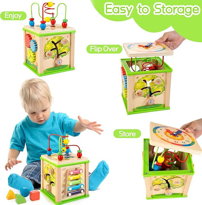 Wooden 7-in-1 Activity Cube| Montessori Toys for 1 2 3 Year Old Toddlers| Baby Educational Developmental Toys |One Year Old Boys Girls First Birthday Gifts |Bonus Sorting & Stacking Board