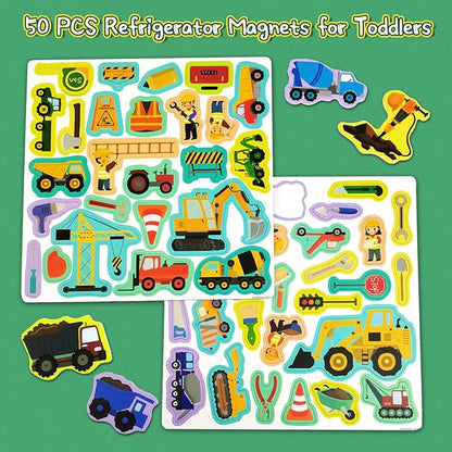 Construction Site Fridge Magnets for Toddlers, 50 PCS Refrigerator Magnets for Kids, Create a Scene Magnetic Play Sticker Book Travel Game Educational Toys for Kids