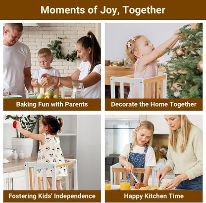 COSYLAND Kids Kitchen Step Stool Helper - Wooden Standing Tower for Kids with Anti-Tip Support Legs - Mothers' Helper Kids Learning Stool for Kitchen Counter (White & Natural)