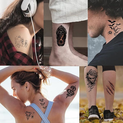 52 Sheets Black Halloween Temporary Tattoos for Kids Men Women, Include 10 Sheets Large Half Arm Sleeve Fake Tattoos, 200+ PCS Spider Snake Tiger Lion Skull Bat Vampire Scar Halloween Tattoos