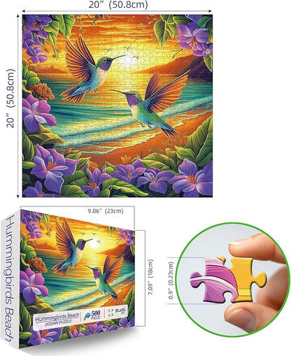 500 Piece Puzzles for Adults, Jigsaw Puzzles 500 Piece Hummingbirds Beach Flower Puzzle, Impossible Difficult Hard Challenging Unique Family Puzzle, 20x20 Inch