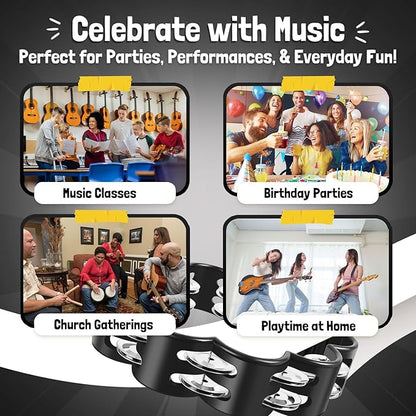 Flexzion Flower Tambourine - 8 Inch Handheld Percussion Instrument w/Metal Jingles & Ergonomic Grip - Small Tambourines for Adults, Kids, Church, Parties, & Musical Events (Black)
