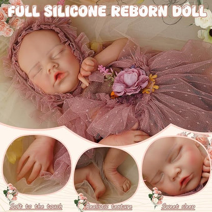 Full Silicone Reborn Baby Doll, 18 Inch Lifelike Newborn Girl, Reborn Baby Dolls Silicone Full Body Sleeping for Therapy & Memory Keepsake