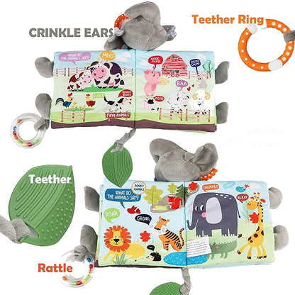 Elephant Touch and Feel Baby Books Toys 0-6 Months, Loveys Crinkle Books for Babies,Infant Toys 6-12-18 Months 1-2 Year Old, Baby Shower Easter Gifts Soft Cloth Book Teething Rattle for Boys Girls