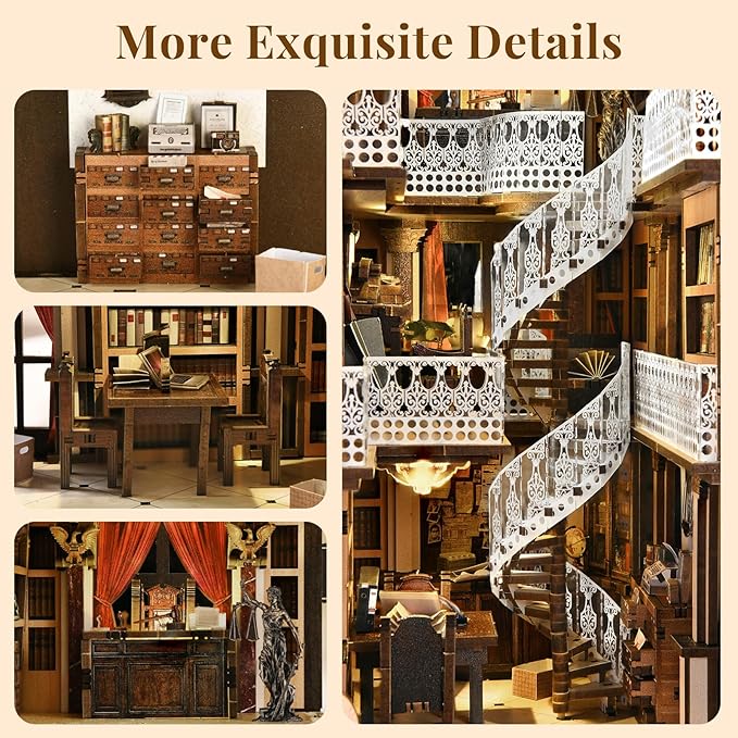 Book Nook Kit, DIY Dollhouse Booknook, Book Nook Miniature Kit for Bookshelf Insert Decor Crafts for Adults Teen Halloween, 3D Wooden Puzzle with Led Light (Law Library)