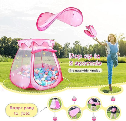 Princess Tent Girls Kids Playhouse Pop Up Play Tent with Star Light Tent for Kids Ball Pit Toys for 1,2,3 Years Girl Birthday Gift for Indoor Outdoor Toddler Girl Gift, Easy to Pop Up and Assemble