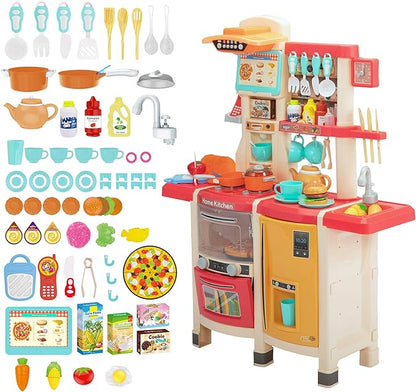 SANDINRAYLI Kids Kitchen Playset,65Pcs Play Kitchen Sets for Kids Ages 4-8, Large Play Kitchen for Toddlers 3-5, Kitchen Toys with Running Water, Plastic Pretend Kitchen for Girl & Boy, Pink