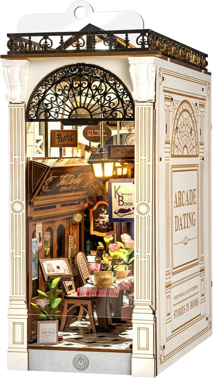 ROBOTIME DIY Book Nook Kits Dollhouse Room Bookstore Miniature House with LED Light 3D Wooden Puzzles for Adults Booknook Bookshelf Insert Decor Diorama Kit Unique Gifts（Arcade Dating）
