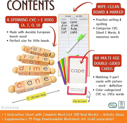 LITTLE BUD KIDS Magic Spin-E Blocks - A Silent E Phonics Toy & Montessori CVCe Reading Blocks for Kids Ages 4–7