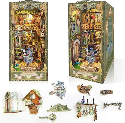 DIY Book Nook Kit, DIY Miniature Dollhouse Kit for Adults and Teens, Book Nook Bookshelf Insert Decor 3D Wooden Puzzle Bookend Miniature Kit with Sensor Light Creative Craft (Green Fairyland)