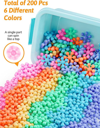 200PCS Interlocking Snowflake Building Block Toy for Kids Ages 3+, Plastic Early Learning Creativity Educational STEM Toy with Carrying Case Safe Material (Macaron Colors)