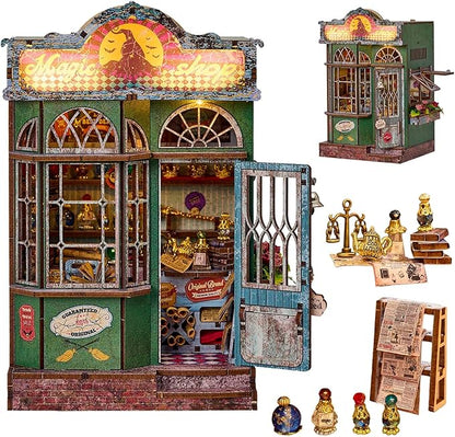 Book Nook Kit – Magic Shop DIY Miniature House with LED Lights, 3D Wooden Puzzle for Adults, Teens & Beginners – Bookshelf Decor Gift for Book Lovers & Families