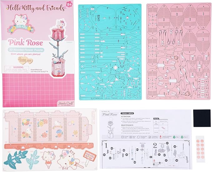 Hands Craft Hello Kitty and Friends Pink Rose 3D Wooden Puzzle Kit | DIY Flower Model | Arts & Crafts for Adults & Kids | Creative Hobby Kits | Hello Kitty Collectible | Wood Building Set