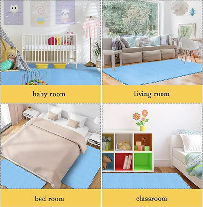 Shihanee 16 Pcs Foam Floor Baby Tiles 11.81 x 11.81 inches Foam Floor Mats Play Mats Bulk with Borders Interlocking for Kids Baby Playroom Nursery Gym（Blue）