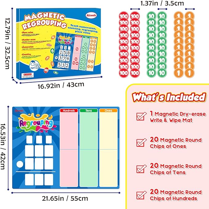Aizweb Regrouping Base Ten Place Value,Addition and Subtraction Math Manipulatives,Magnetic Dry Erase Board for 1st 2nd 3rd Grade Student Classroom Must Haves,Math Games for Kids Homeschool Supplies