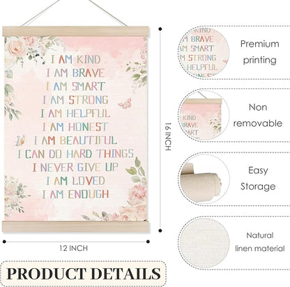 Koesus Inspirational Girls Nursery Wall Art Poster Hanger Frame 12x16 Inch, Boho Pink Floral Positive Affirmation Canvas Pictures Prints Framed Wall Decor for Toddler Girls Room Nursery Playroom