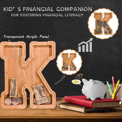 Wooden Letter Piggy Bank for Kids Larger Letter Piggy Bank for Boys and Girls Personalized Piggy Bank Initial Coin Bank Wood Kids Money Bank for Birthday and Festival