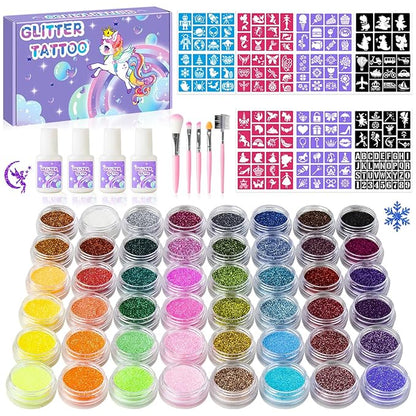 Temporary Glitter Tattoos Kit for Kids,48 Glitter Colors, 178 Stencils,4 Glue,5 Brushes,Adults and Kids Arts Glitter Kit,Wonderful Holiday Gifts for Girls & Boys.