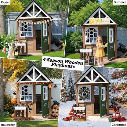 Kids Playhouse Outdoor, Wooden Play House Playset with Kitchen, Fence, Bench, Dog Door, Doorbell & Flower Pot,Fun Backyard Cottage for Ages 3-8 (Green)
