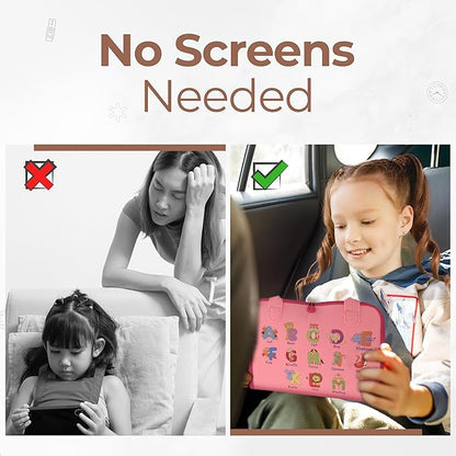 Montessori Busy Board Book, Toddlers, Sensory Activities and Preschool Learning - Toy for Home, Airplane and Car Travel (Pink)