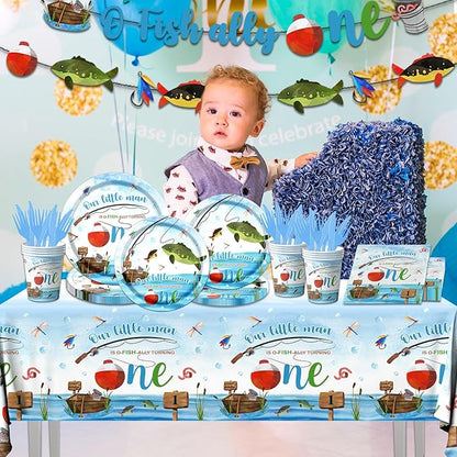 Ofishally One Birthday Decorations,142Pcs Gone Fishing 1st Birthday Party Supplies Our Little Man Is Ofishally Turning Plates Napkins Cups Tablecloth for O Fishally One First birthday Party Supplies