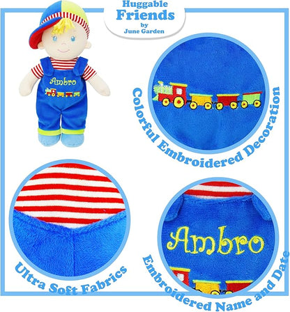June Garden Personalized Soft Dolly Ben - Stuffed Soft Baby Boy Doll for Birth and Up with Custom Name - Blue Outfit - 13"