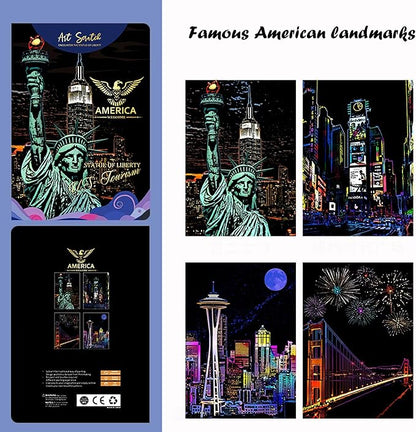 BulChign Scratch Painting Rainbow Paper Cards Kits for Adults,8 Sheets Rainbow City Ancient Capital Scratchboard(7.9 x 5.5 inch) with 6 Tools - Tourist Souvenirs (America/Global Architecture)