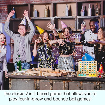 Wooden 4 in a Row & Bounce Ball Games,Two-in-One Four in a Row Game and Bounce Ball Party Game, Bounce Off Game for Friends and Family