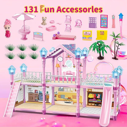 Doll House for Girl with 1 Princess, 2 Floors -4 Rooms, 131 Accessories Includes Dog and Furnitures, Design and Build Gift for 3 4 5 6 7 8+ Year Old Girls (Pink)