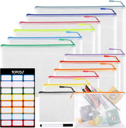 12 Mesh Zipper Pouch Bags - 12 Color, 8 Size Classroom Must-Have Storage Solution for School, Board Games, and Office Supplies