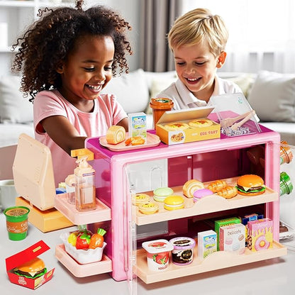 Toddler Toy Grocery Store, Supermarket Playset with Touch Voice Cash Register, Scanner, Coffee Maker, Play Food, Play Money, Pretend Play Toys for Toddlers Kids Birthday (Pink)