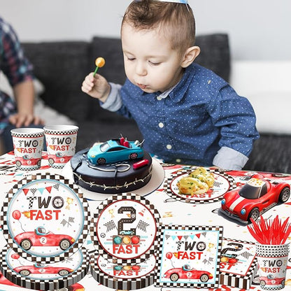 Two Fast Birthday Party Supplies, 142pcs Race Car 2nd Birthday Decorations Tableware Kit Includes Race Car Plates Napkins Tablecloth for Two Years Old Party Baby Shower Decorations Favors for Boys