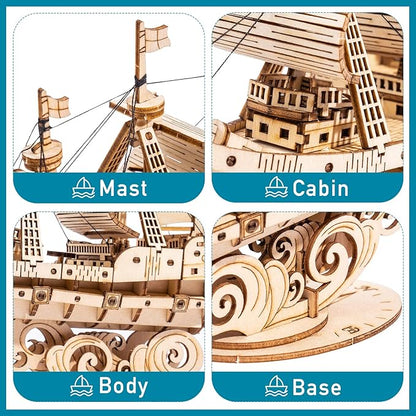 RoWood 3D Wooden Puzzle for Adults, Vintage Wooden Watercraft Model Sailboat Kit to Build, Best Gift Ideas Crafts Kit for Adults - Sailling Ship