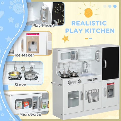 Qaba Kids Kitchen Playset - Pretend Play Toy Kitchen with Phone, Chalkboard, Towel Rack, Ice Maker, 5 Accessories, Storage Space, Microwave & Sink - Gift for 3-8 Years, White