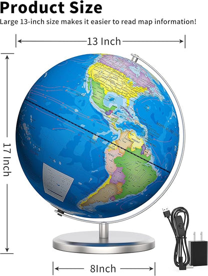 13" World Globe with Stand, Illuminated Educational Globes with HD Printed Map for Kids Classroom Learning, LED Globe Lamp with Stable Heavy Metal Base