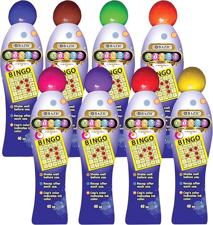 BAZIC Products Bingo Dot Marker 40 ml Assorted Color, Non Toxic Water Based Washable Markers, Stamper Paint Kit for Game Kids Crafting Painting, 8-Pack