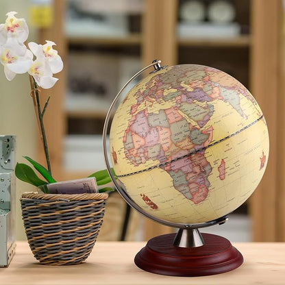 Illuminated World Globe for Adults & Kids with Wooden Stand,Built in LED Lamp for Illuminated Night View Antique Globe for Home Décor and Office Desktop 8inch