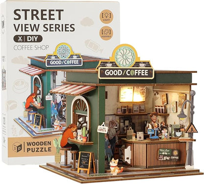 Book Nook Kit - DIY Miniature House Kit for Adults, Dollhouse Booknook Tiny House Bookshelf Decor 3D Wooden Puzzle Street Model, Ideal Gift for Book Lovers, Family, Friends (Coffee Shop)