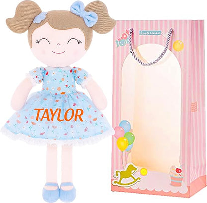 Gloveleya Personalized Doll with Your Name - Cute Floral Blue Custom Soft Plush Doll for Girls Plush Doll Customized Gifts - Muñecas de Trapo Personalizadas para Niñas
