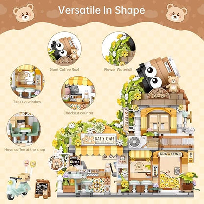 Creative Brick Box Street View-Coffee Shop Mini Building Toy Animals Interactive for Kids, Simulation Architecture Toy for Girls and Boys Ages 6+ - Gift Easter, Birthday, Christmas (1077 PCS)
