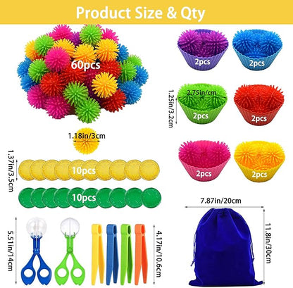 99pcs Fine Motor Skills Counting Sorting Sensory Bin Filler Included 60 Hedge Ball 4 Tweezer 2 Scissor Clip 20Pcs shamrock coins 12 Sorting Cup 1 Storage Bag for Preschool Early Education (Multicolor)